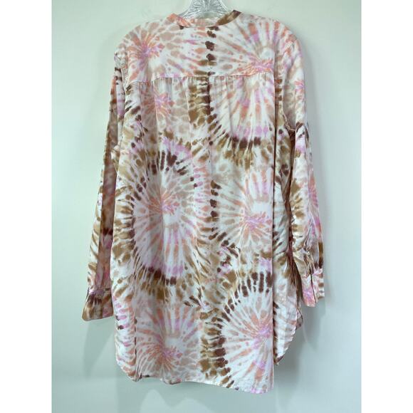 Lands End Cotton A-Line Long Sleeve Button Up Tunic Top Pockets Sz XL 18 Tie Dye - Picture 10 of 10